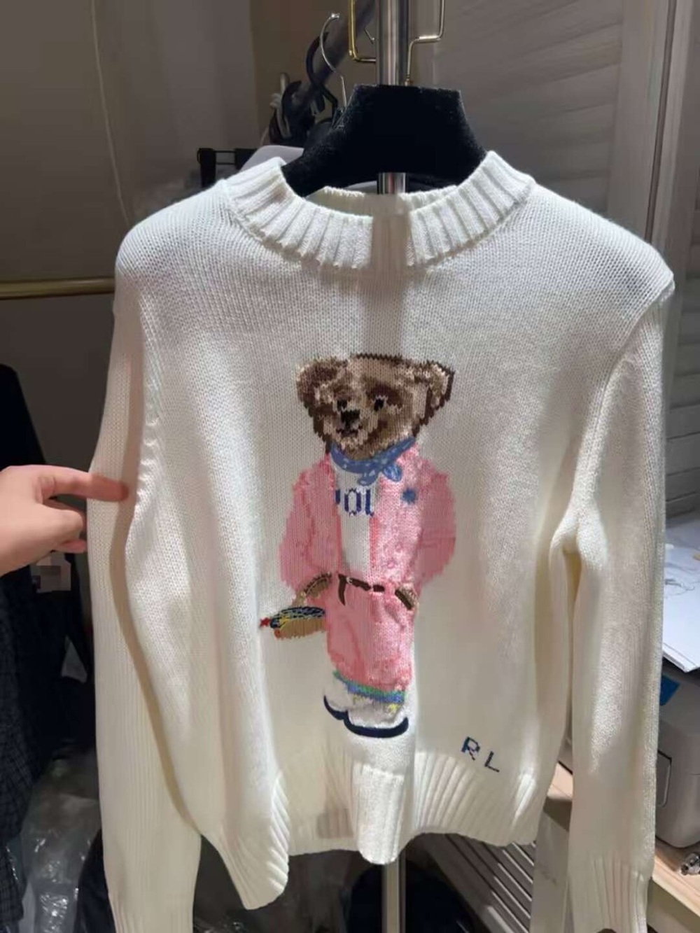 Polo by Ralph Lauren White Crewneck Sweater with Pink Bear Intarsia